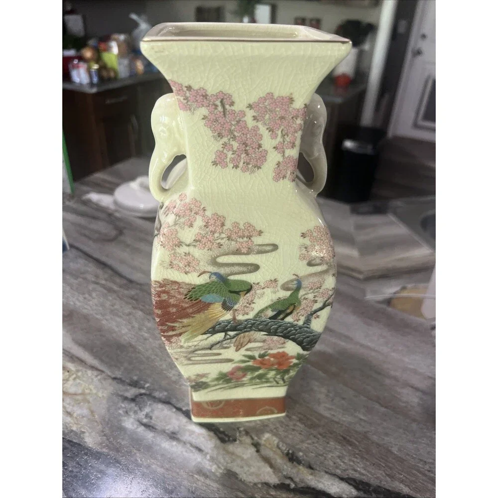 Tall Mid 20-Century? Chinese Porcelin Glazed Elephant Ear Peacocks Flo Vase 12”